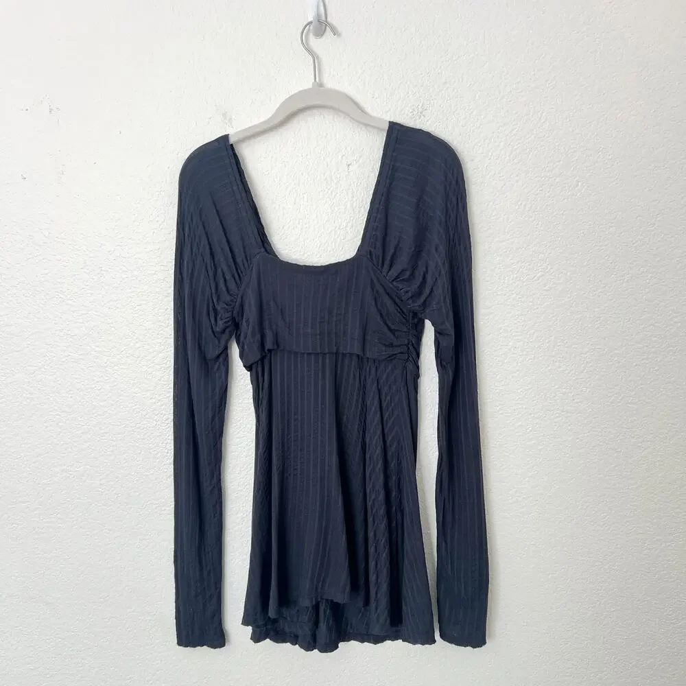 [Free People] Navy Blue Twisted Bust Open Front Slit Long Sleeve Top Sz Medium M